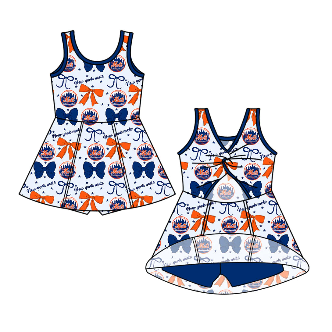 ( Moq 5 each style ) Baby Girl Toddler SF Team Orange Blue Bows Sibling Romper Dress Set 6.16