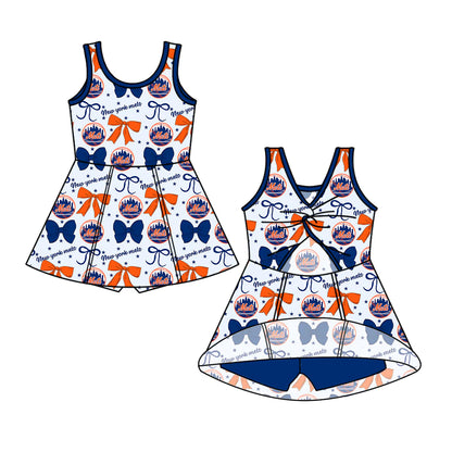 ( Moq 5 each style ) Baby Girl Toddler SF Team Orange Blue Bows Sibling Romper Dress Set 6.16