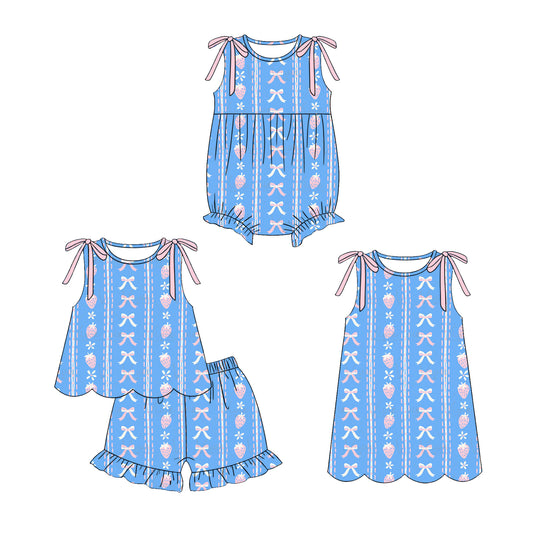 ( Moq 5 Each Style ) Sibling Baby Girls Kids Strawberry Bows Flower Romper Dress Set Blue Clothes