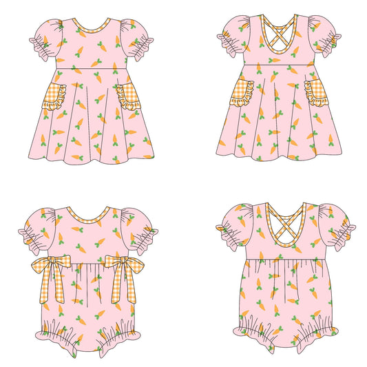 ( Moq 5 Each Style ) Girls Kids Short Sleeves Carrots Easter Sibling Summer Romper Dress