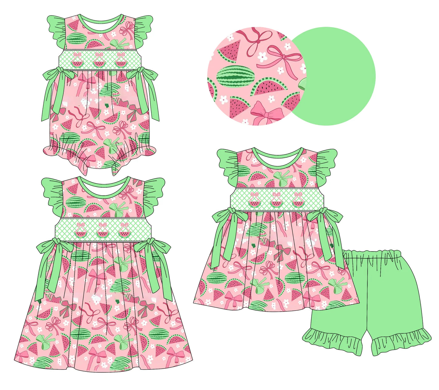 ( Moq 5 Each Style ) Baby Girls Kids Short Sleeves Watermelon Flower Bows Sibling Romper Dress Set