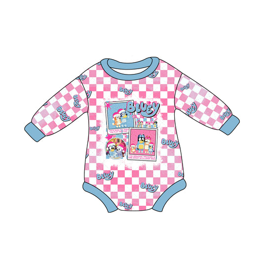 Baby Girl Long Sleeves Christmas Dogs Checkered Bubble Romper