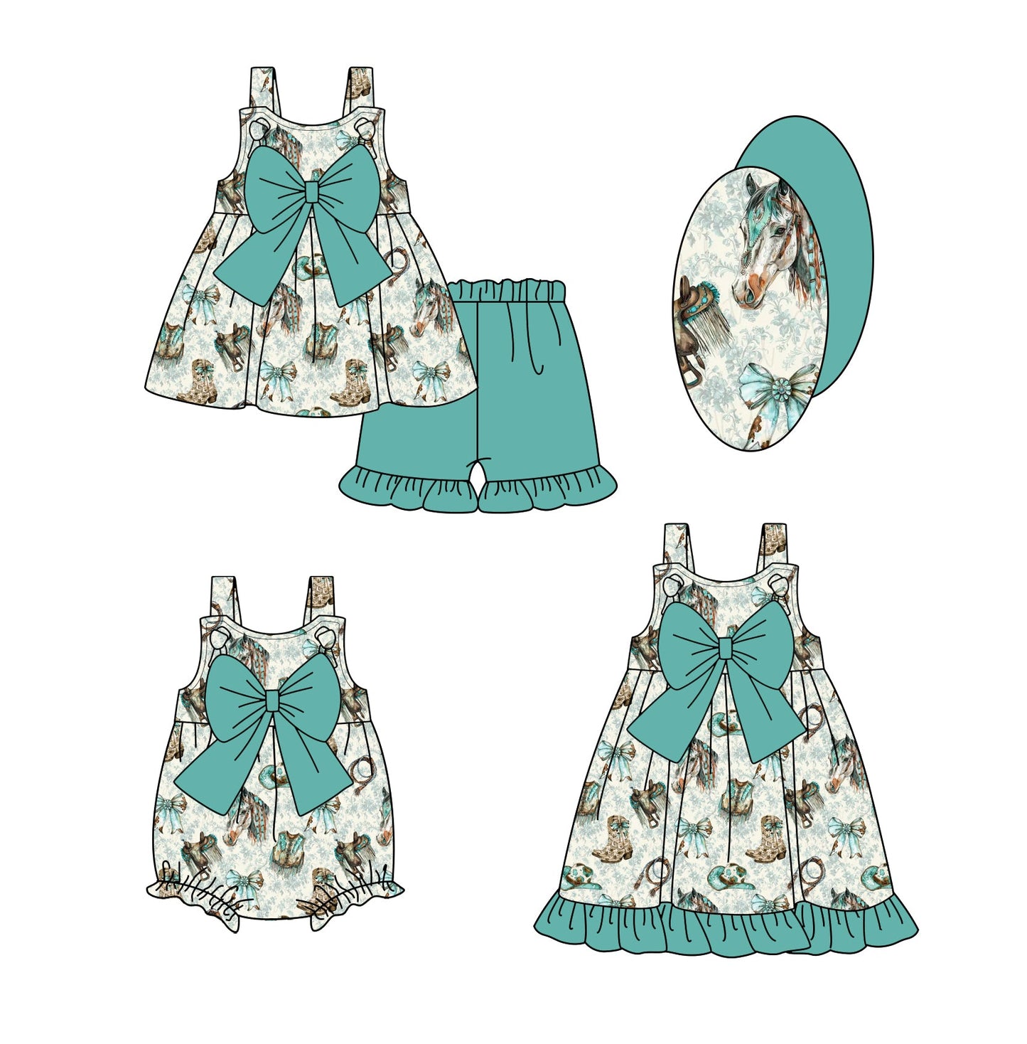 Baby Girl Western Boots Bows Sibling Romper Dress Set ( Moq 5 Each Style ) 2.11