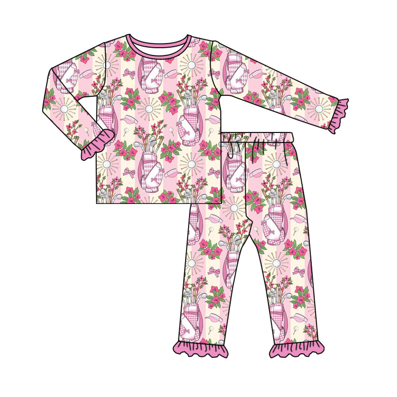 Baby Girl Golf Flower Stripes Shirt Pants Pajamas Set