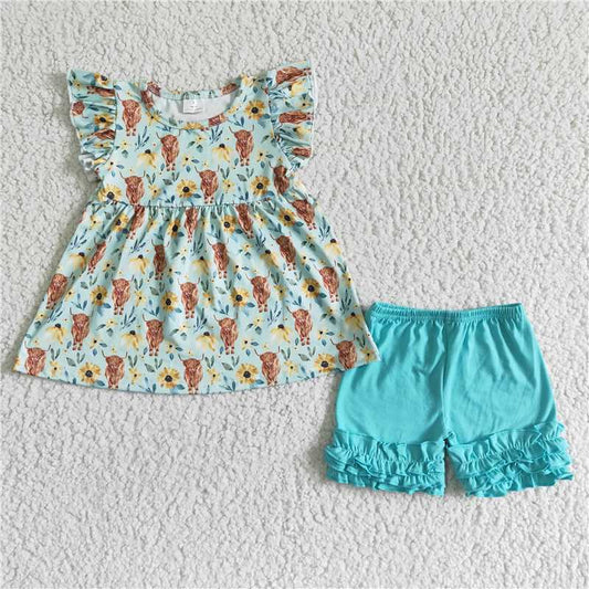 GSSO0106 Baby Girl Short Sleeves Highland Cow Floral Tunic Ruffle Shorts Western Set