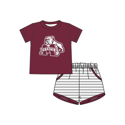 ( Moq 5 ) Baby Boys Short Sleeves Dog Dark Red Shirt Stripes Pockets Shorts Team Clothes Set
