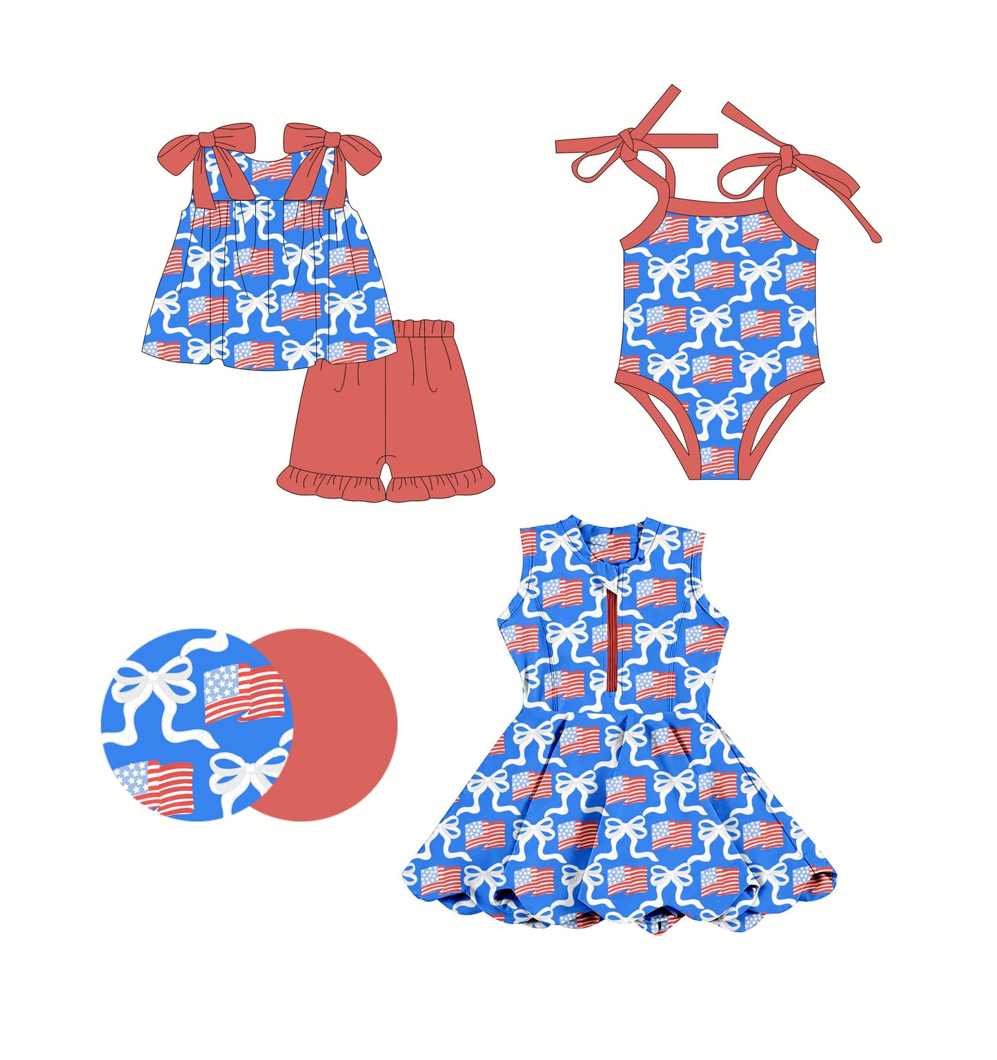 Baby Girl Bows Flags July 4th Sibling Romper Dress Set ( Moq 5 Each Style ) 2.25