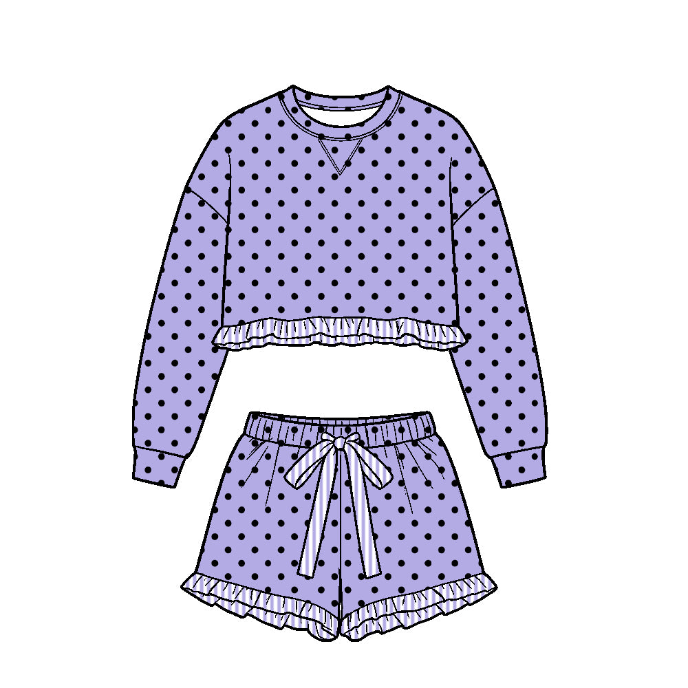 ( Moq 5 ) Baby Girls Kids Long Sleeves Ruffle Shirt Black Dots Shorts Set Lavender Clothes