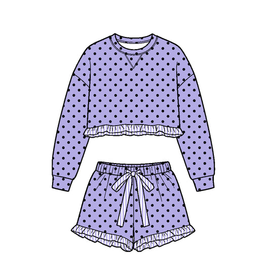 ( Moq 5 ) Baby Girls Kids Long Sleeves Ruffle Shirt Black Dots Shorts Set Lavender Clothes