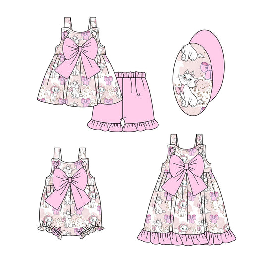 Baby Girl Sleeveless Cats Pink Bows Sibling Romper Dress Set ( Moq 5 Each Style ) 3.4
