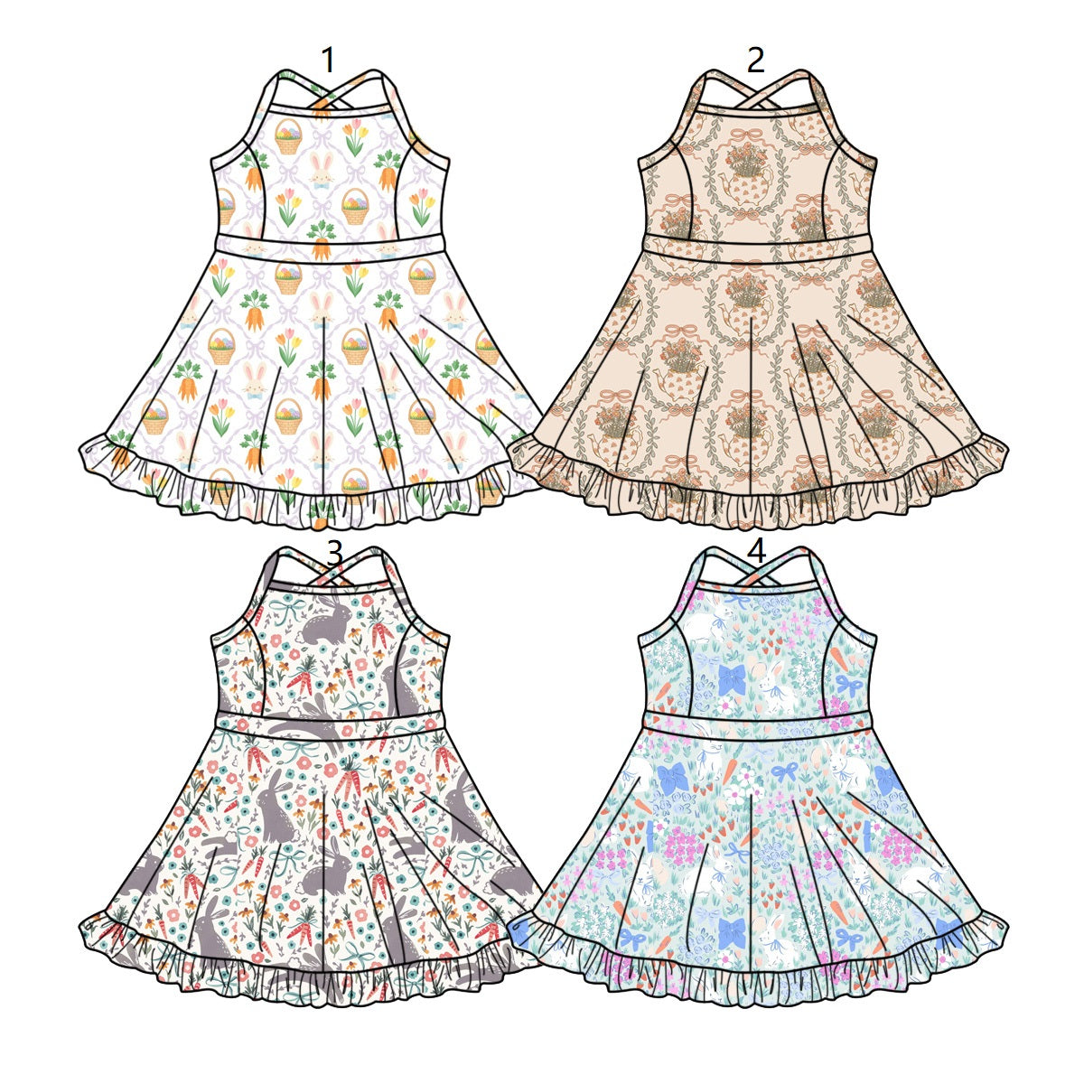 ( Moq 5 Each Style ) Sibling Baby Girls Kids Sleeveless Rabbits Carrots Knee Length Dresses
