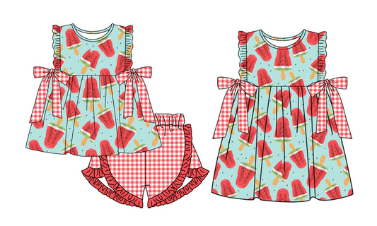 ( Moq 5 Each Style ) Sibling Baby Girls Kids Watermelon Popsicles Bows Summer Dress Set