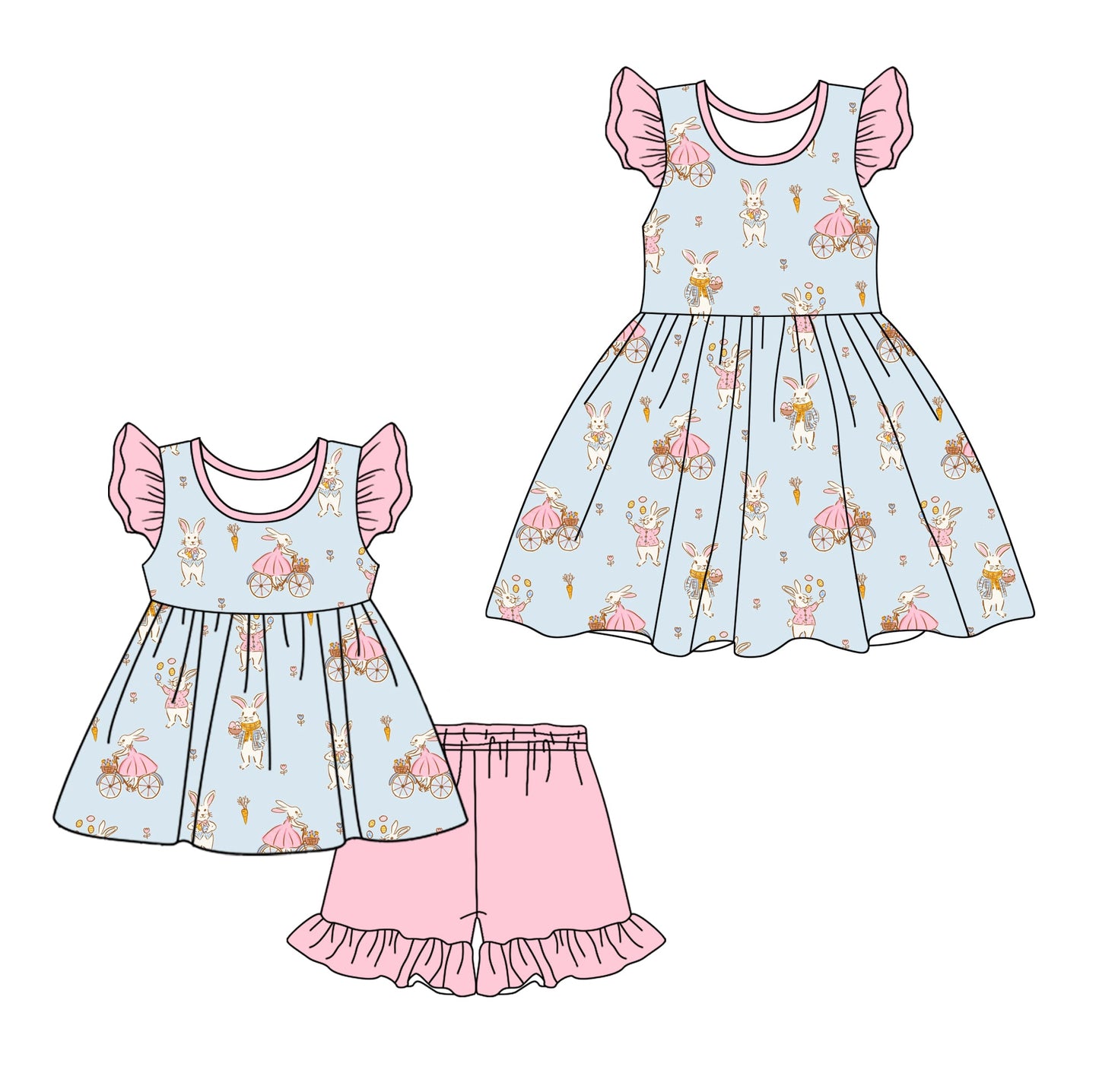 Baby Girl Short Sleeves Easter Rabbits Sibling Dress Clothes Set ( Moq 5 Each Design ) 12.7