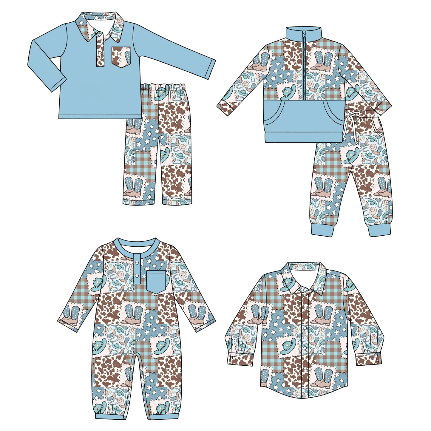 ( Moq 5 Each Style ) Baby Boys Kids Long Sleeves Western Boots Sibling Romper Shirt Sets