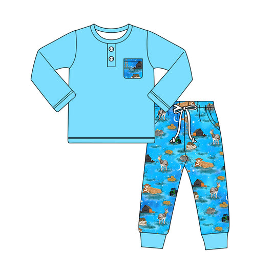 Baby Boy Toddler Long Sleeves Blue Pocket Shirt Farm Animals Pants Set