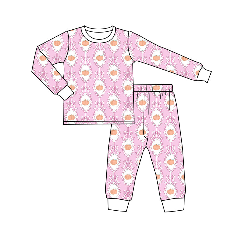 Baby Girl Toddler Fall Pumpkin Bows Pink Shirt Pants Pajamas Set