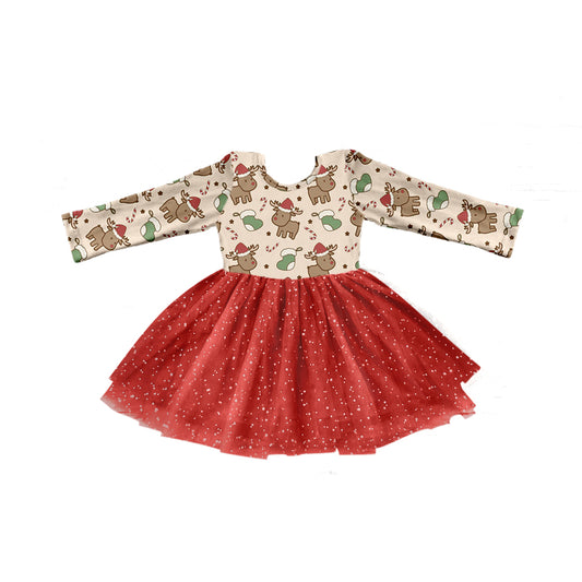 Baby Girl Long Sleeves Christmas Deer Red Tulle Dress