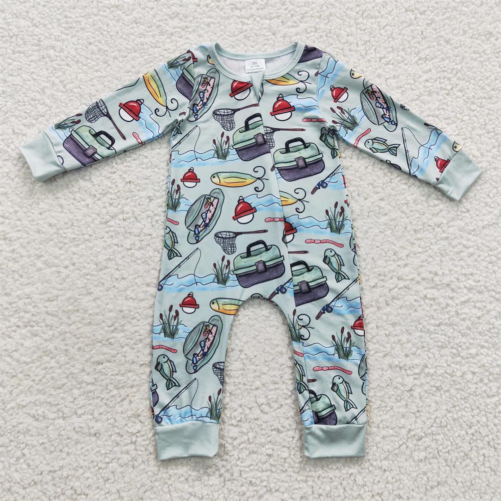 LR0321 Baby Boy Long Sleeves Zip Fishing Hunting One Piece Romper