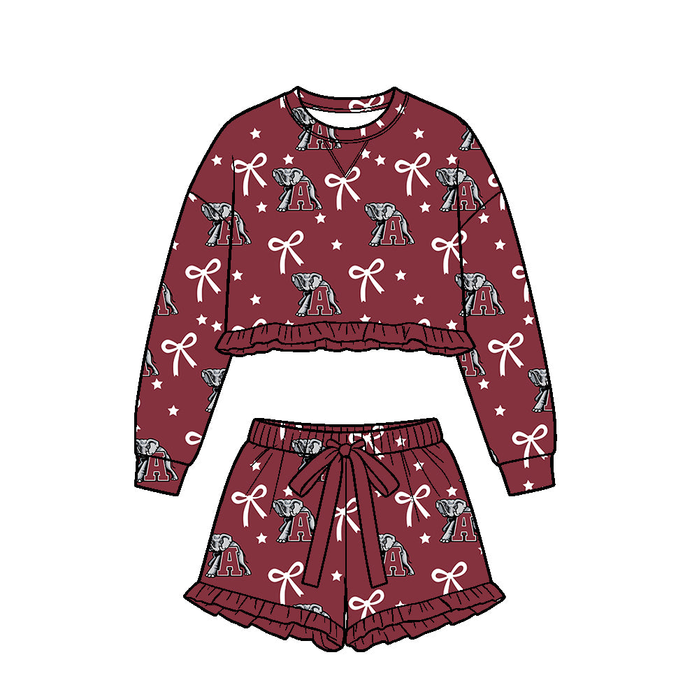 ( Moq 5 ) Custom Baby Girls Kids Long Sleeves Bows Shirt Shorts Team Set Elephant Clothes