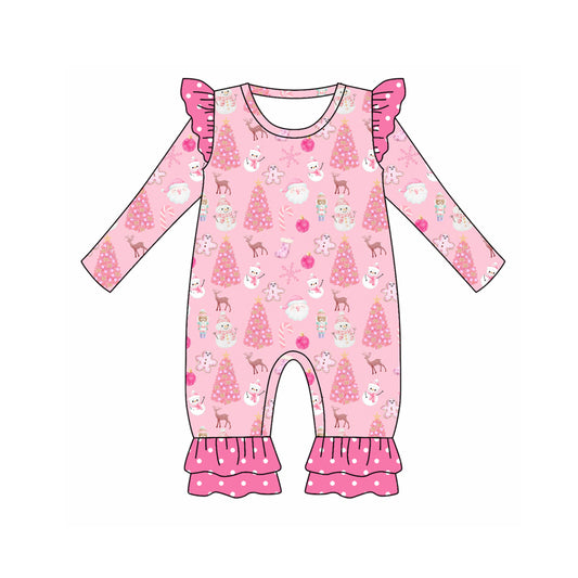 Baby Girl Infant Long Sleeves Christmas Gingerbread Tree Pink Romper