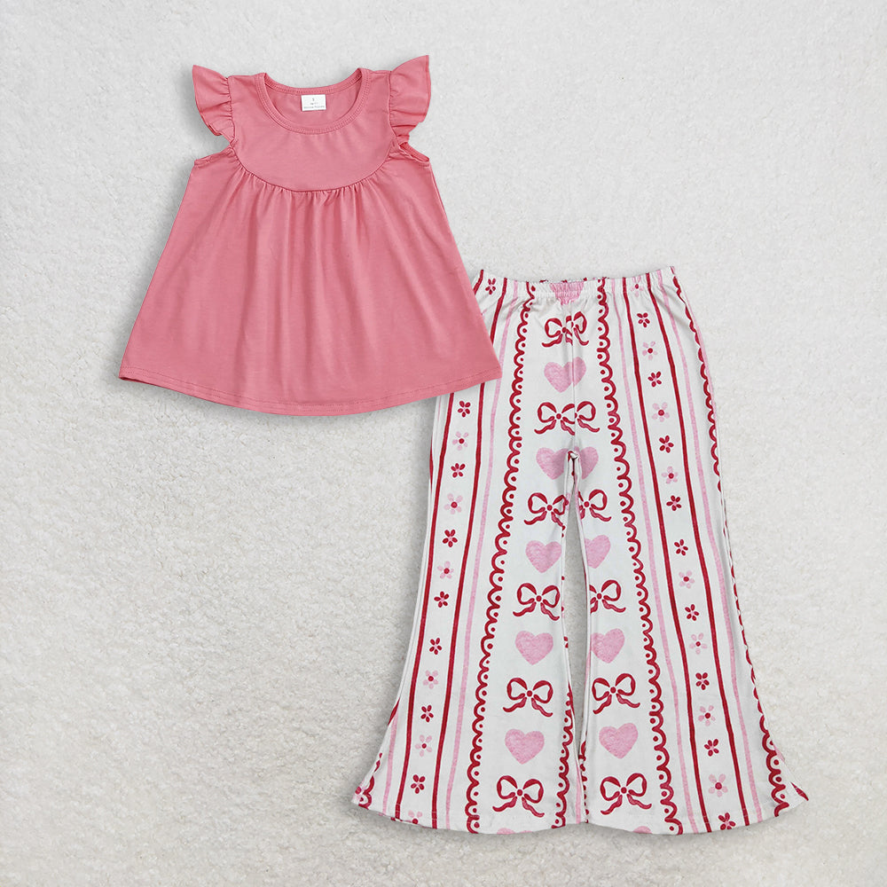 Baby Girl Kids Short Sleeves Pink Tops Hearts Bows Flower Pants Set Clothes RTS
