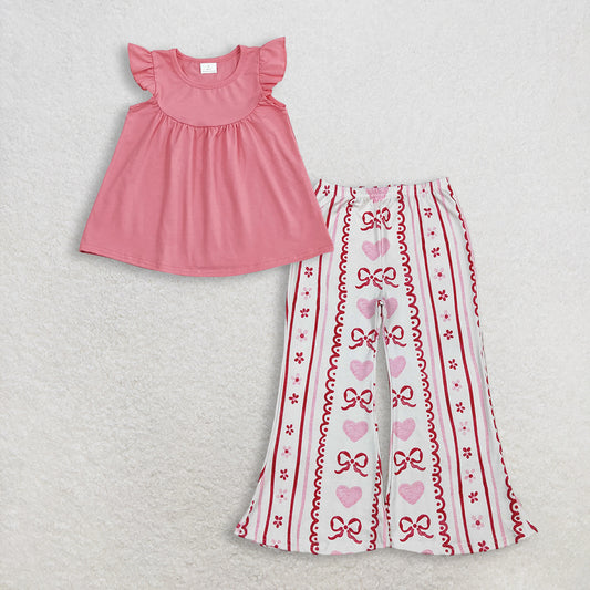 Baby Girl Kids Short Sleeves Pink Tops Hearts Bows Flower Pants Set Clothes RTS