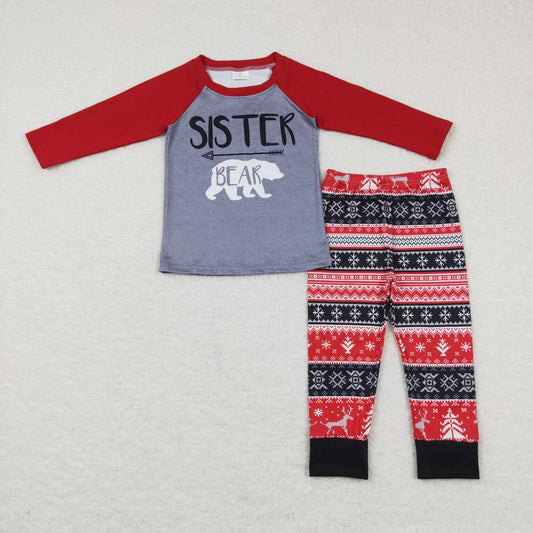 Baby Girl Christmas Long Sleeves Sister Bear Pants Outfit Pajamas