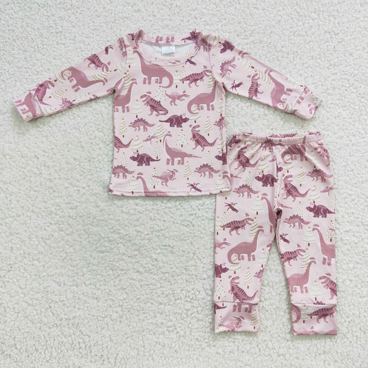 GLP0482 Baby Girl Long Sleeves Shirt Pants Dinosaurs Pink Christmas Outfit Pajamas