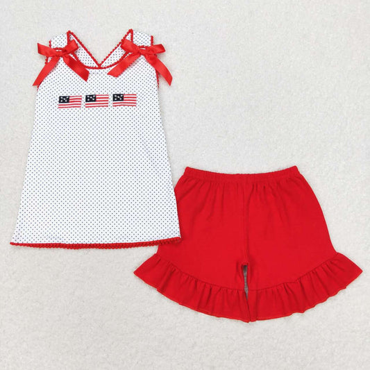 Baby Girl Embroidery July 4th Flags Tops Red Shorts Set