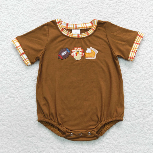 SR0417 Baby Kids Thanksgiving Embroidery turkey Football Pumpkin Pie One Piece Fall Romper