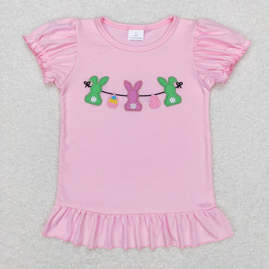 GT0391 Easter Baby Girl Short Sleeves Embroidery Rabbit Pink Shirt Tops