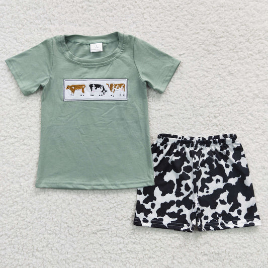 BSSO0264 Baby Boy Short Sleeves Embroidery Shirt Cow Print Shorts Outfit