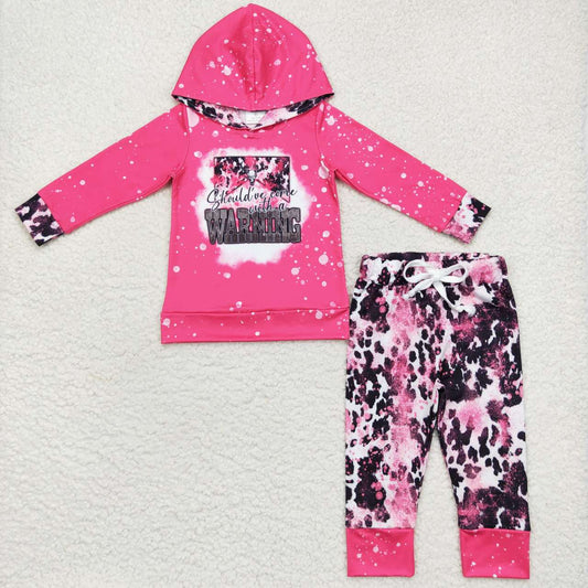 GLP0797 Baby Girl Long Sleeves Western Hoodie Cow Print Pants Hot Pink Outfit