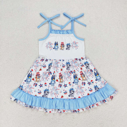 baby girl short sleeves July 4th dogs blue dress