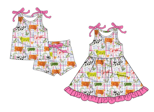 ( Moq 5 Each Style ) Baby Girls Kids Bows Sleeveless Farm Animals Plaid Sibling Summer Dress Set