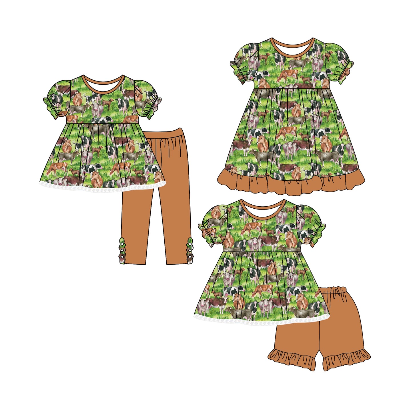 ( Moq 5 Each Style ) Baby Girl Short Sleeves Cow Farm Sibling Dress Set 4.25
