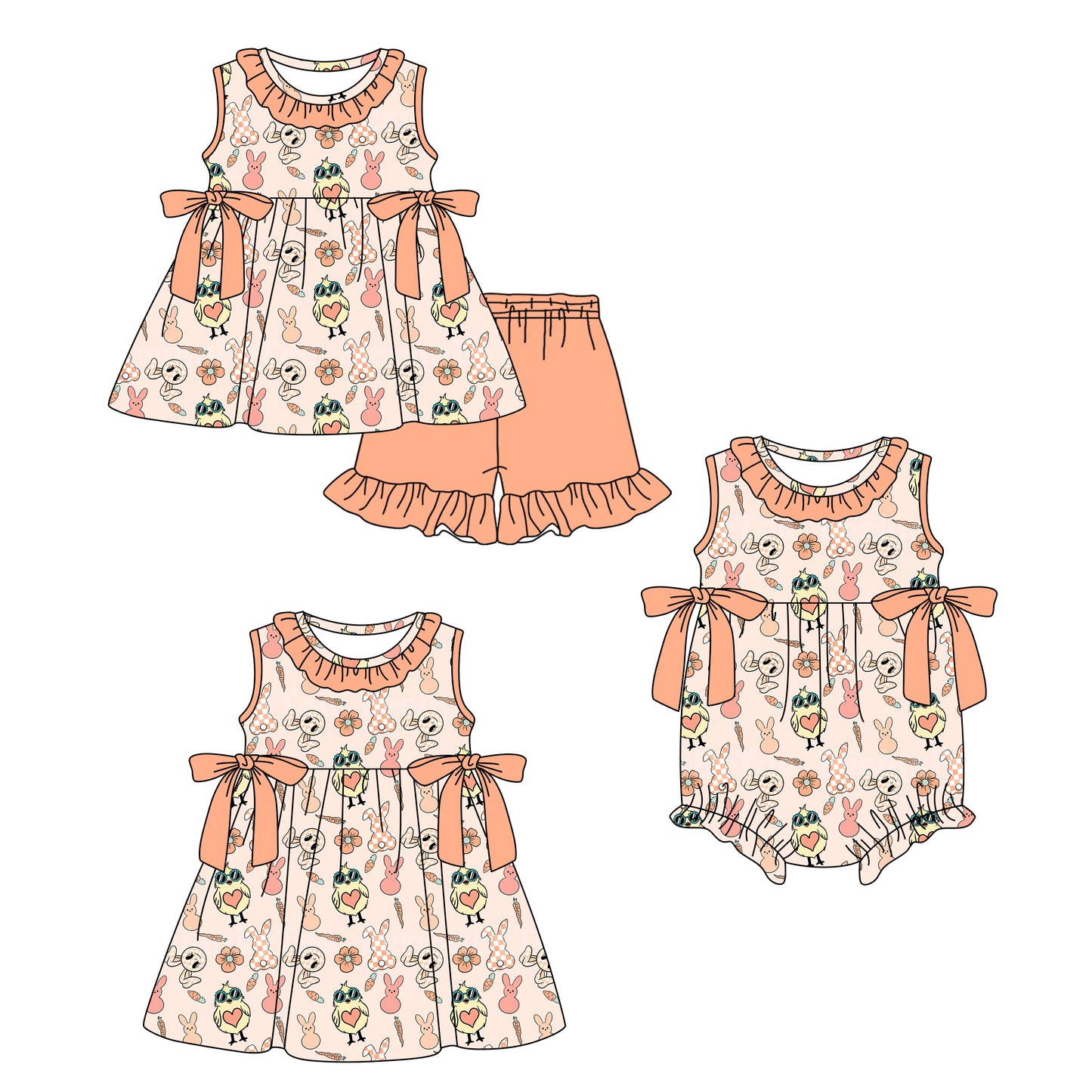 ( Moq 5 Each Style ) Baby Girls Kids Rabbits Carrots Bows Sibling Easter Romper Dress Set