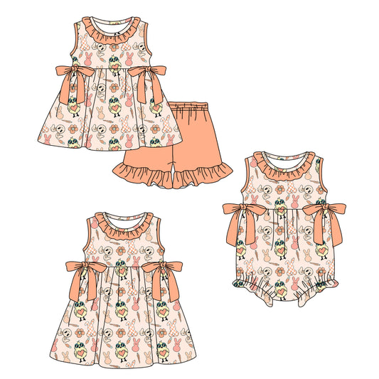( Moq 5 Each Style ) Baby Girls Kids Rabbits Carrots Bows Sibling Easter Romper Dress Set