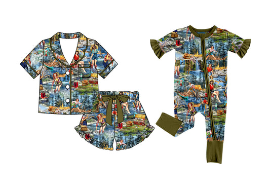 ( Moq 5 Each Style ) Baby Girls Kids Toddler Short Sleeves Fishing Sibling Green Zipper Romper Pajamas Set