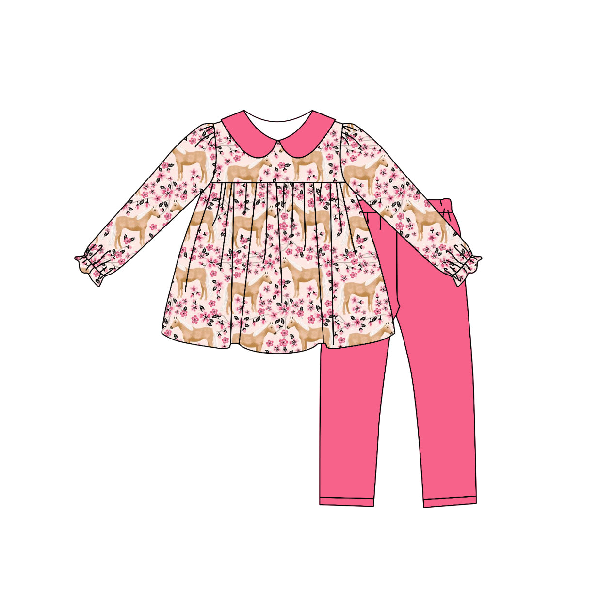 Baby Girl Toddler Long Sleeves Horse Flower Tops Pants Set