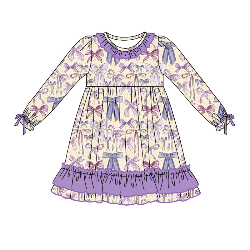 Baby Girl Long Sleeves Bows Purple Ruffle Dress