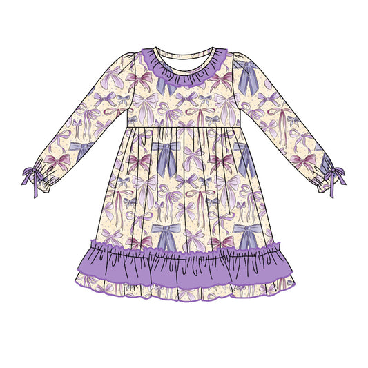 Baby Girl Long Sleeves Bows Purple Ruffle Dress