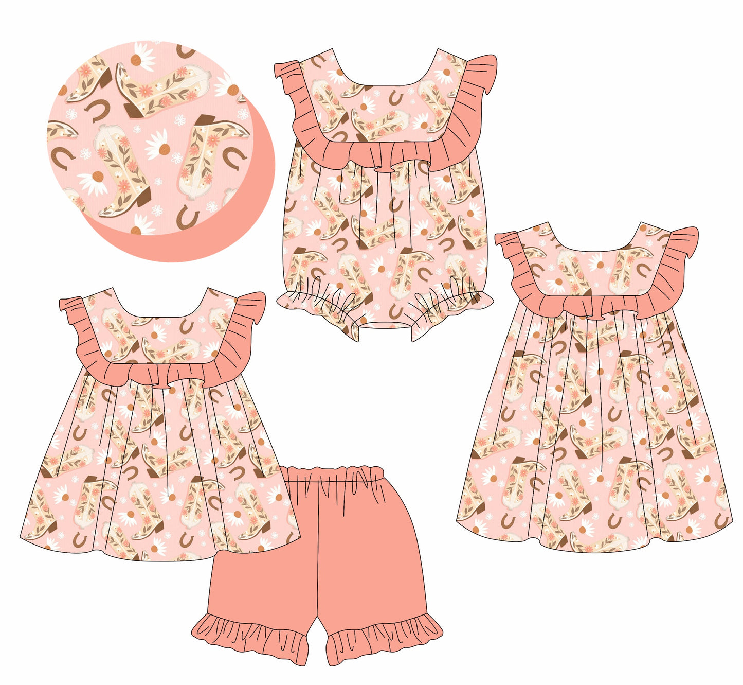 Baby Girl Boots Flower Western Sibling Romper Dress Set ( Moq 5 Each Style ) 3.1