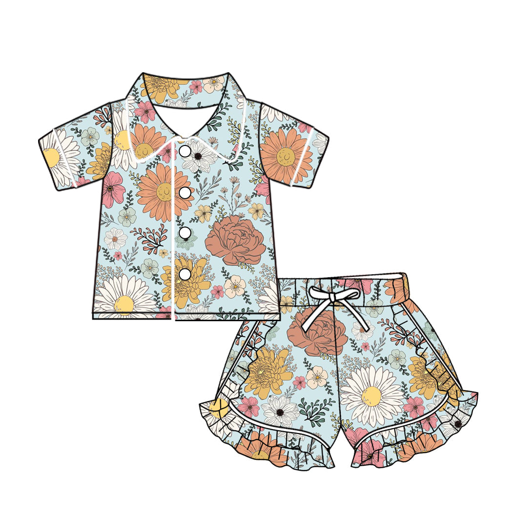 Baby Girl Short Sleeves Flower Buttons Shirt Shorts Pajamas Set Moq 5