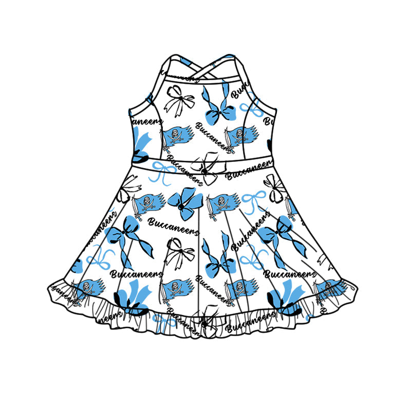 ( Moq 5 each style ) Baby Boy Girl Team Cheer Sibling Shirt Blue Bows Dress Set 8.18