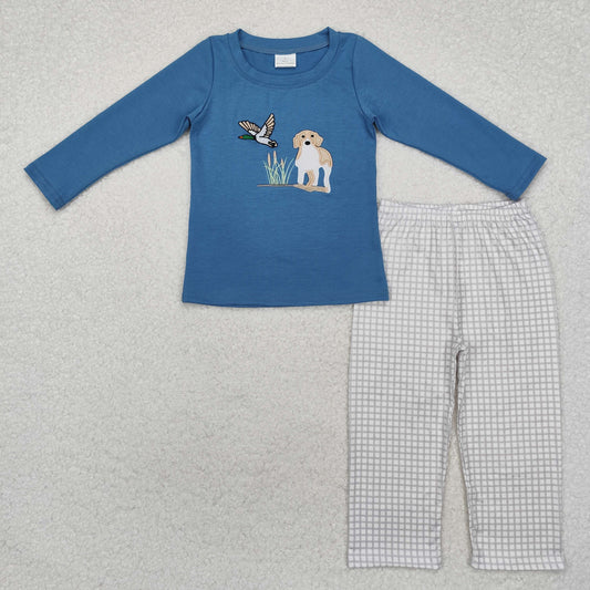 Baby Boy Long Sleeves Embroidery Dog Duck Hunting Blue Shirt Pants Clothes Set