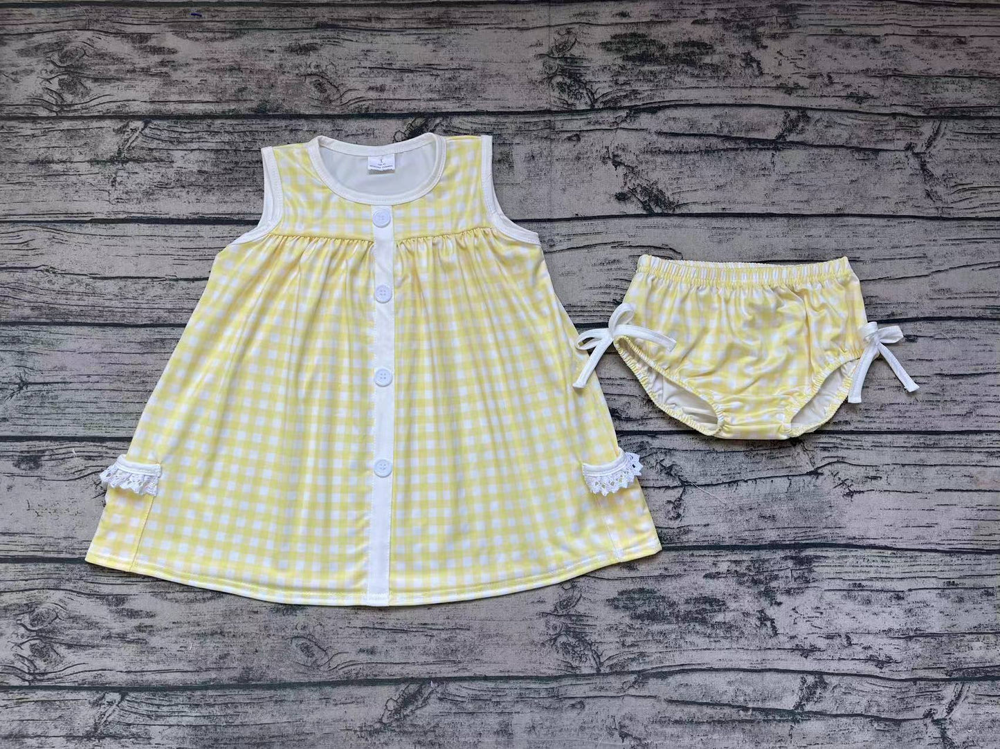 No moq Pre-order Baby Girl Sleeveless Pocket Tunic Yellow Plaid Bummie Shorts Summer Set