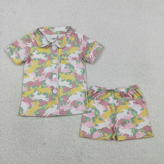 Baby Girls Short Sleeves Rabbits Camo Shirt Short Easter Pajamas Buttons Set RTS