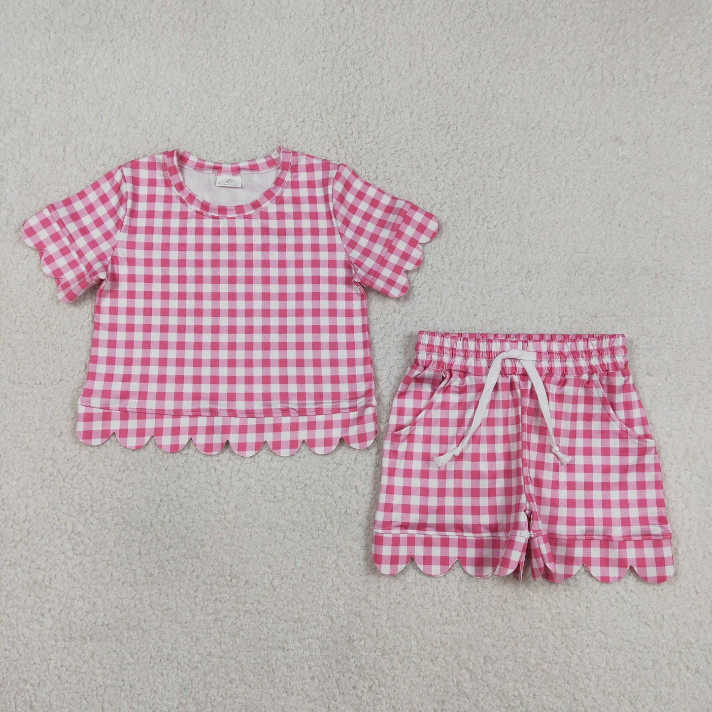 Baby Girls Kids Short Sleeves Plaid Shirt Scallop Shorts Pink Clothes Set RTS