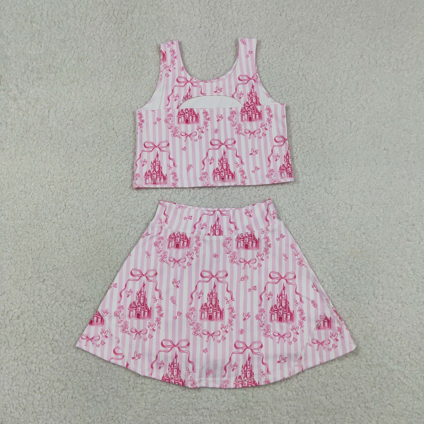 Baby Girls Kids Castles Bows Floral Tops Pink Skirt Shorts Yoga Summer Set RTS